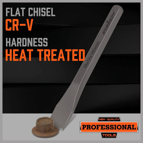 HORUSDY 3-piece CR-V cold chisels, heat-treated; front view with one chisel displayed; Professional Tools logo visible.