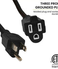 Close-up of three-prong grounded plug of 16/3 100 Foot Black Outdoor Extension Cord Heavy Duty Moisture Resistant Ideal For Tools And Equipment Contractor Grade For Construction And Outdoor Worksite Use GG-13700BK.