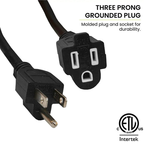 Close-up of three-prong grounded plug of 16/3 100 Foot Black Outdoor Extension Cord Heavy Duty Moisture Resistant Ideal For Tools And Equipment Contractor Grade For Construction And Outdoor Worksite Use GG-13700BK.