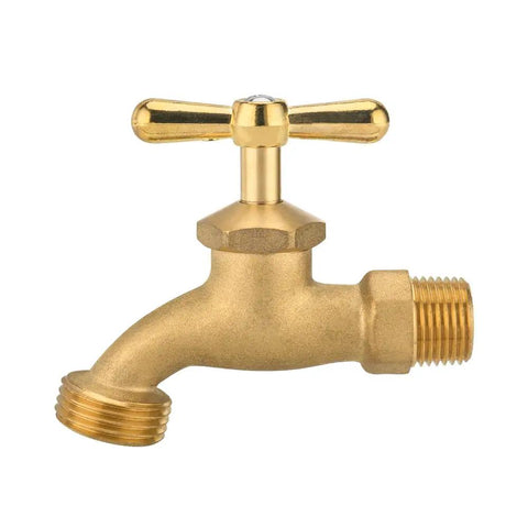 Heavy Duty Solid Brass Outdoor Garden Hose Faucet featuring half inch male NPT to three quarter inch MHT connection.