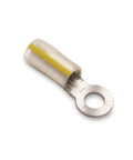 Heavy Duty Nuclear Radiation Resistant Insulated Ring Tongue Terminal Crimp Connector For 22 To 18 AWG Wire Five Sixteenth Inch Stud showing copper barrel and yellow insulation.