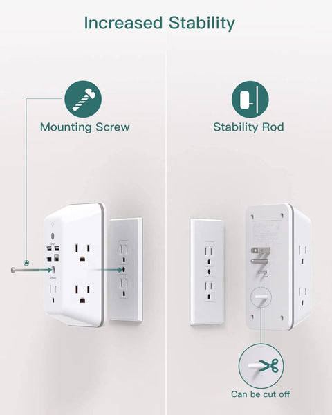 9 In 1 USB Wall Outlet With Night Light 5 Wide Space Outlets And 4 USB Ports Including USB C Space Saving Plug Extender diagram