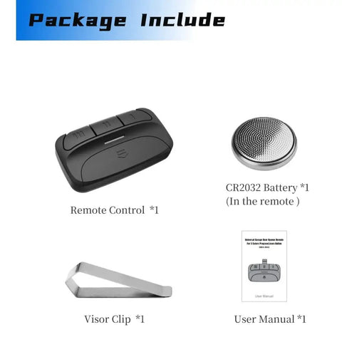 Package includes Three Button Garage Door Remote For Most Openers, battery, visor clip, user manual
