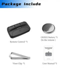 Package contents of 3-Channel Garage Door Opener Remote With Visor Clip, Compatible With LiftMaster Chamberlain Craftsman Openers From 1993 To Today, Learn Button Colors Purple Yellow Orange Red Green, 2 Pack, showing remote, battery, visor clip, and manual.