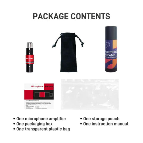 Package contents of Dynamic Microphone Preamp With 29dB Gain And Ultra Low Noise XLR Boost, includes amplifier, pouch, manual