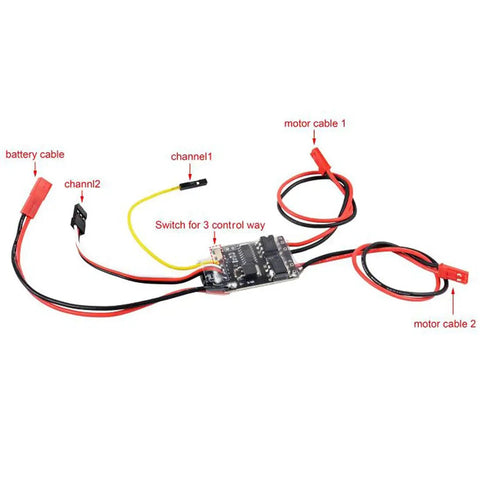Bidirectional 5A Brushed ESC For RC Model Boats And Tanks, Dual Way Speed Controller with labeled cables and switch, 4 Pack.