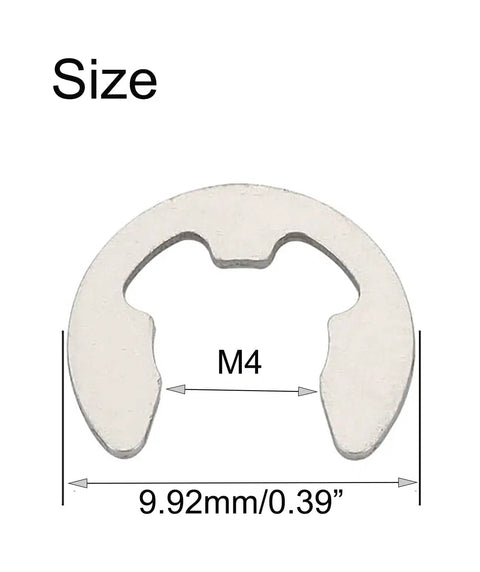 Beefy 4mm External Circlips E Clip Retaining Rings in 304 Stainless Steel showing size M4, 9.92mm outer diameter.