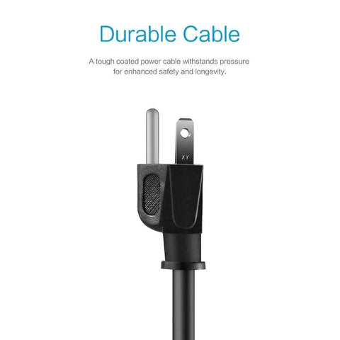 Close-up of plug from Six Outlet Surge Protector Power Strip With 735 Joules Of Surge Protection Overload Shield Two Foot Cord