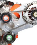 Close-up of Boss Level Billet Alternator Bracket Kit For Lt And Ls Trucks showing pulley system and aluminum construction.