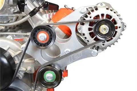 Close-up of Boss Level Billet Alternator Bracket Kit For Lt And Ls Trucks showing pulley system and aluminum construction.