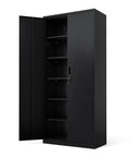Heavy Gauge Steel Storage Cabinet With Two Doors And Five Adjustable Shelves, Seventy One Inch Tall Lockable Tool Box For Garage Or Office, Black Finish, open view showing five shelves.
