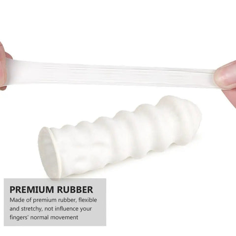Top Shelf Anti Static Fingertip Protectors White Latex Finger Cots No Sweat Safety Gloves stretching to show flexibility.