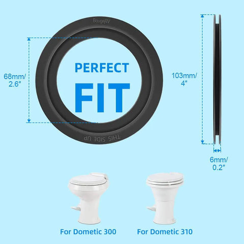 RV Toilet Flush Ball Seal Replacement Kit For Dometic 300, 310, And 320 Toilets, 4 Inch Outer Diameter, 2.6 Inch Inner Diameter, 2 Pack, Equivalent To Part 385311658, Durable Rubber Gasket Replacement, shown with size and toilet fit