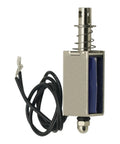 Close-up of Duo Pack 12V DC Solenoids with 5N force and 10mm stroke, showing 6x58mm plunger and 20cm lead wires.