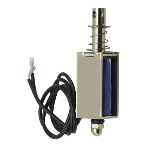 Close-up of Duo Pack 12V DC Solenoids with 5N force and 10mm stroke, showing 6x58mm plunger and 20cm lead wires.
