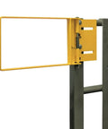 R Series Bolt-On Industrial Safety Gate R70-24SY Self-Closing Galvanized Yellow 24 To 27 Inch shown in open position on railing.