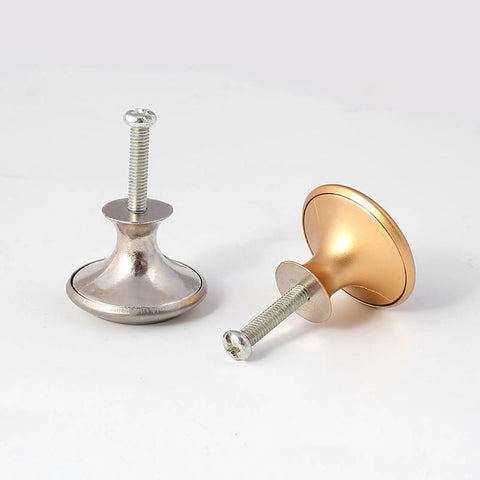 Two cabinet door handles in stainless steel and brass color with screws