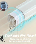 Close-up of heavy duty sliding barn door track system with silent gliding rollers and thickened PVC material for insulation.
