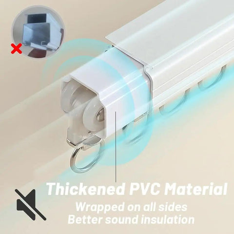 Close-up of heavy duty sliding barn door track system with silent gliding rollers and thickened PVC material for insulation.