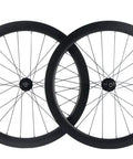 Carbon Disc Wheelset 50C-25 Clincher With Center Lock 12x100 Thru Axle, pair of wheels showcasing aerodynamic deep rims