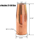 Lincoln 46-Piece MIG Welding Consumables Kit For 100L Welder With 40 Contact Tips 0.035 In 3 Gas Nozzles 1/2 In And 3 Gas Diffusers 0.035 In Pro Grade Replacement Parts For Fast Flawless Welds showing a close-up of copper gas nozzle with dimensions labeled