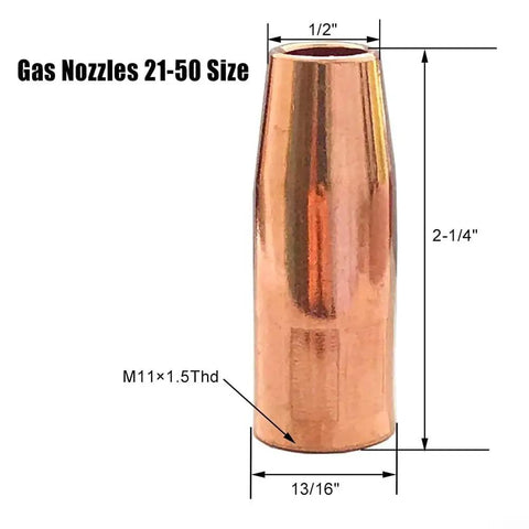 Lincoln 46-Piece MIG Welding Consumables Kit For 100L Welder With 40 Contact Tips 0.035 In 3 Gas Nozzles 1/2 In And 3 Gas Diffusers 0.035 In Pro Grade Replacement Parts For Fast Flawless Welds showing a close-up of copper gas nozzle with dimensions labeled