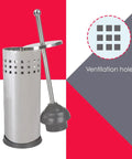 Metal Toilet Plunger With Holder No Fuss Hidden Canister Keeps Your Bathroom Clean And Clog-Free Compact Storage For Apartments Spill-Proof Design Grab-And-Go Toilet Tools For Quick Fixes, shown with ventilation holes and chrome handle.