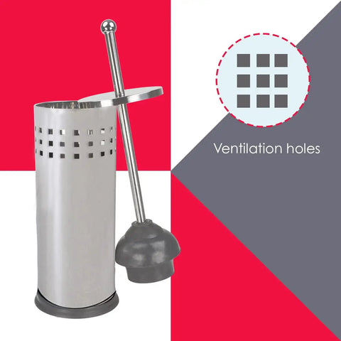 Metal Toilet Plunger With Holder No Fuss Hidden Canister Keeps Your Bathroom Clean And Clog-Free Compact Storage For Apartments Spill-Proof Design Grab-And-Go Toilet Tools For Quick Fixes, shown with ventilation holes and chrome handle.