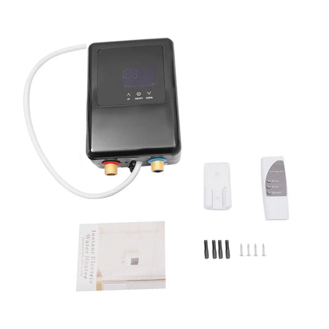 Instant Tankless Electric Water Heater 4500W Wall Mounted Digital Display with installation accessories and manual.