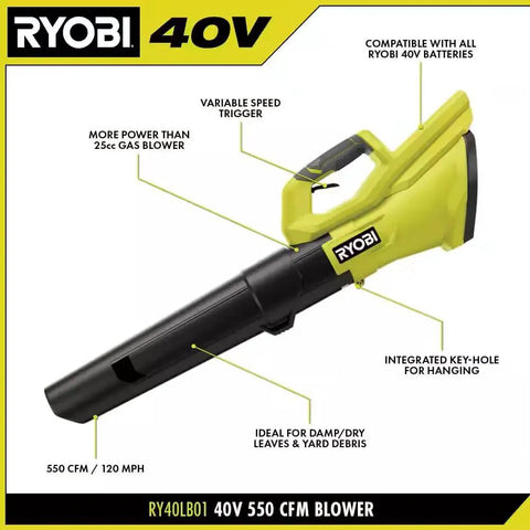 Badass 40 Volt Cordless Leaf Blower With Variable Speed Dial, 120 MPH Gust And 550 CFM Blast, Tool Only, side view with trigger and pipe nozzle.