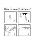 Illustration guide for hanging a Four Piece Old Train Canvas Wall Art Set with Brown Locomotive Retro Steam Painting.