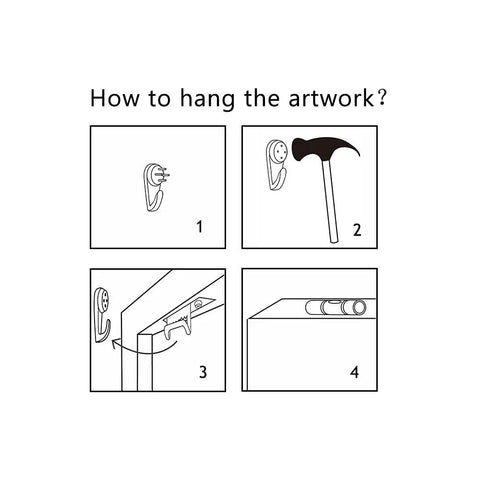 Illustration guide for hanging a Four Piece Old Train Canvas Wall Art Set with Brown Locomotive Retro Steam Painting.