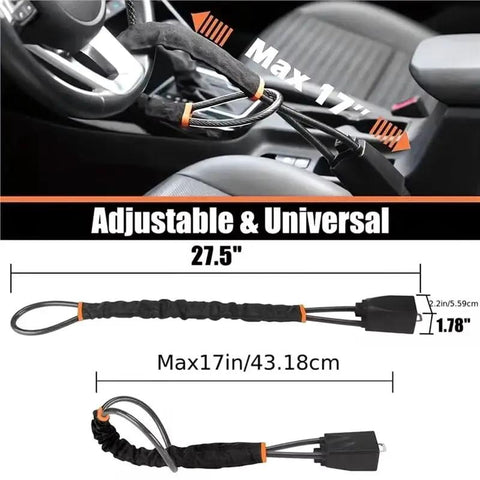 Heavy Gauge Cable Steering Wheel Lock Built Tough Anti Theft Car Guard Adjustable Braided Steel Loop To Lock Down Your Ride Compatible Chevy Volt Bolt Euv Blazer, shown with dimensions, 17in loop.