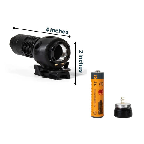 350 Lumen Tactical Helmet Light With 3 Modes ARC Rail Mount, battery, and cap displayed with dimensions