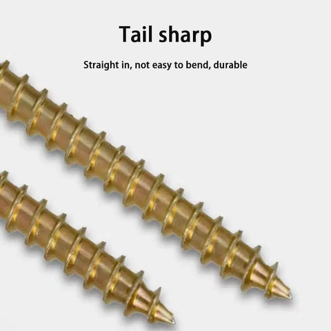 Close-up of M4 flat head wood screws, yellow zinc finish, showing sharp tail for durability. Part of M4 Flat Head Wood Screws Set 340 Pcs.