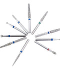 Killer Performance 50 Pc Diamond Burs FG Shank dental bits arranged in a circle, showcasing natural diamond coating and stainless steel shafts.