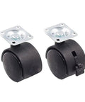 Two black swivel flat plate chair casters with snap on brakes, durable alloy rollers, part of the Ten Piece Set Of Slick Swivel Flat Plate Chair Casters With Snap On Brakes And Smooth Glide Motion Built For Casual Office Seating And Rough Daily Wear Fast Drop In Install Scratch Free Alloy Rollers.