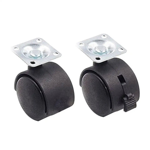 Two black swivel flat plate chair casters with snap on brakes, durable alloy rollers, part of the Ten Piece Set Of Slick Swivel Flat Plate Chair Casters With Snap On Brakes And Smooth Glide Motion Built For Casual Office Seating And Rough Daily Wear Fast Drop In Install Scratch Free Alloy Rollers.