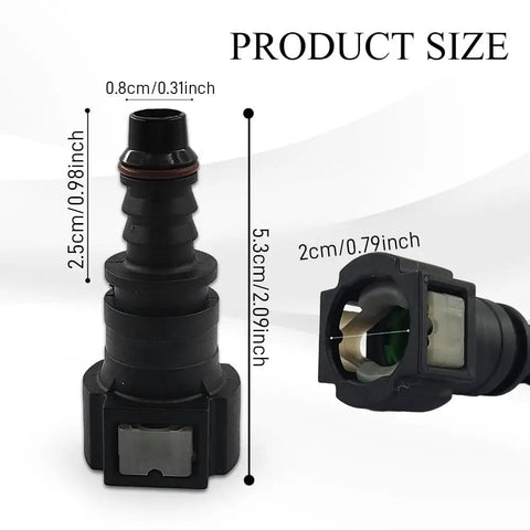 Solid 2 Pack Nylon Fuel Line Quick Connector, Straight Push On Fitting dimensions with size details and design features.