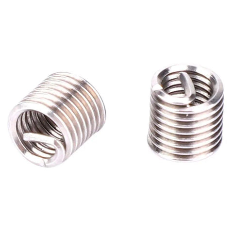 Stainless steel threaded inserts from 30 Piece Thread Repair Kit With Stainless Steel Twisted Drill, Tap, Wrench, Tang Breaker, Hex Wrench, And M4x0.7 Threaded Inserts For Aluminum Auto Parts And Heavy Duty Repairs.
