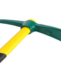 Close-up of Heavy Duty Garden Pick Mattock Hoe with Forged Head and 15 Inch Shock Absorbing Rubber Handle for Digging and Weeding.