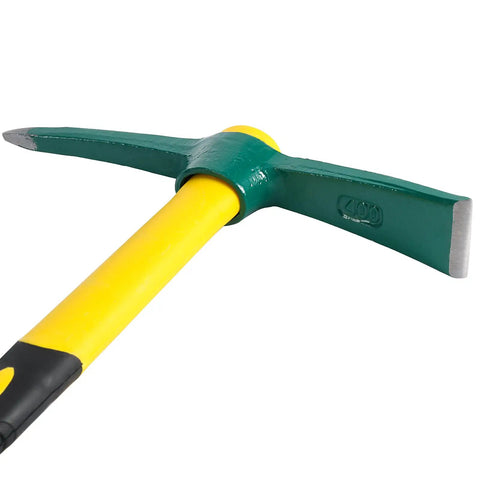 Close-up of Heavy Duty Garden Pick Mattock Hoe with Forged Head and 15 Inch Shock Absorbing Rubber Handle for Digging and Weeding.