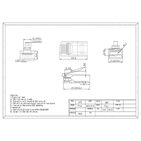 100 Pack RJ45 Cat6 Pass Through Connectors For Solid Or Stranded UTP Cable, Modular Plugs, Easy Crimp Termination, Supports 24 To 26 AWG And Up To 6.1mm OD technical drawing with connector dimensions