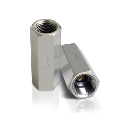 Brass Pneumatic Check Valve Full Port One Way Non Return Valve For Air Water Oil Gas Systems With Female Threads Heavy Duty Easy Install Plug And Play Ready Fits 1/8 In 1/4 In 3/8 In And 1/2 In Size close-up with female threaded brass body and flow arrow