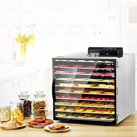 Top Shelf Heavy Duty Ten Layer Stainless Steel Electric Food Dehydrator With Digital Timer And Adjustable Trays For Making Jerky Fruits Vegetables And Pet Snacks in a bright kitchen with assorted dried foods.