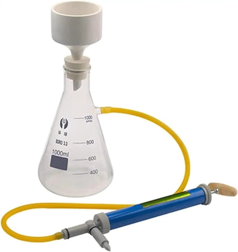 Vacuum Filtration Kit With Glass Filtration Flask And Hand Pump For Chemistry Lab Use Includes Funnel And Distillation Gear Built For Educational Experiments And Hands On Science Class Projects, showing a 1000 mL flask and pump.