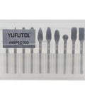 YUFUTOL 10-piece carbide burr set with 3mm shanks, double-cut carbide burrs in a clear plastic case