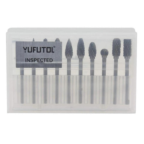 YUFUTOL 10-piece carbide burr set with 3mm shanks, double-cut carbide burrs in a clear plastic case