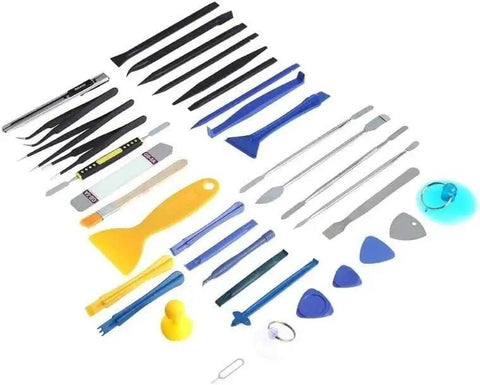 No Sweat 37 Piece Watch Repair Kit And Smartphone Teardown Set With Precision Drivers assorted tool layout for gadget repairs.