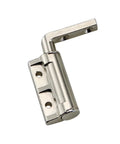 L-shaped cabinet hinge with damping, chrome finish, mounting plate with screw holes, single unit